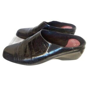 1803 Black Croc Embossed Leather Mule Clog SlipOn Comfort Shoes EU 41 US 10/10.5